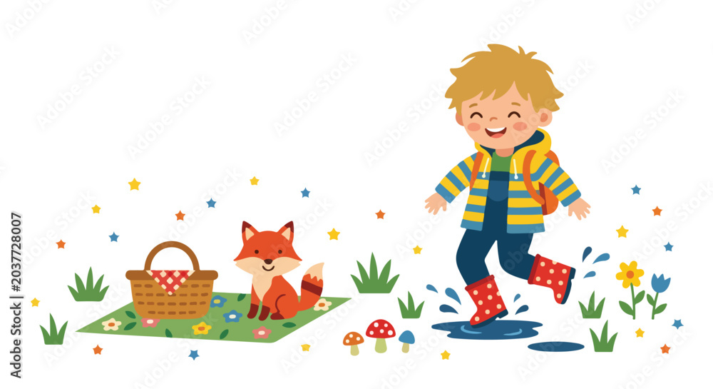 Fototapeta premium A cheerful young boy wearing red boots jumps in a puddle while a friendly fox sits by a picnic basket in a vibrant outdoor meadow.
