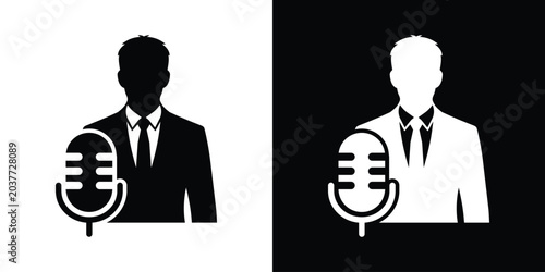 Quadro su tela Vector icon of a male news anchor, broadcaster, or podcaster behind a classic microphone