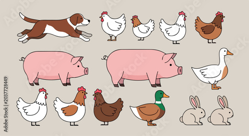 Collection of cute cartoon farm animals including pigs chickens ducks and hens in a playful style