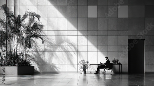Sunlight streams into modern lobby, person works