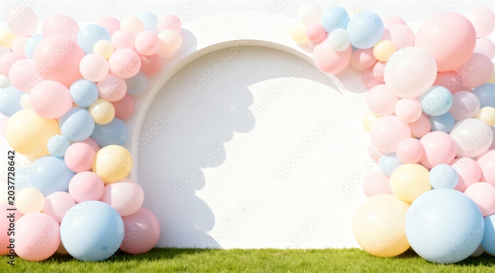 Fototapeta premium Whimsical Pastel Balloon Archway with Copy Space for Celebrations, Parties, and Events Soft Outdoor Lighting, premium commercial stock image featuring modern professional visual composition, hig siyam