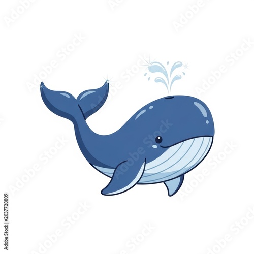 Cute cartoon whale character spraying water isolated on white background