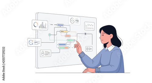 Woman Interacting with a Digital Business Flowchart on a Screen.