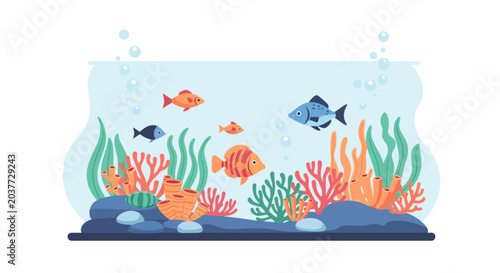 Vibrant Aquarium Scene With Colorful Fish and Coral.