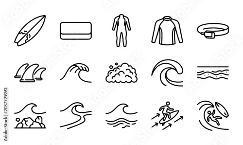 Bild auf Leinwand Surfing Icons Set: Waves, Surfboard, Wetsuit, Surfers, Fins, Belt, Water Sports