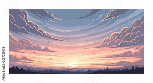 Vibrant Sunset Sky with Dramatic Clouds Over Silhouetted Landscape.
