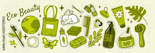 Eco sustainable beauty and organic skincare vector doodle collage. Clay mask, solid soap, dry shampoo, brush and other reusable eco-friendly products illustration collection. 