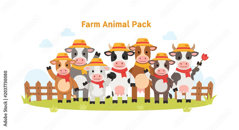 Naklejka premium Cute Cows Cartoon Vector, Farm Animals Set with Funny Characters