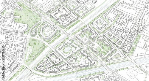 Detailed architectural rendering of a modern urban development plan with green spaces and infrastructure.