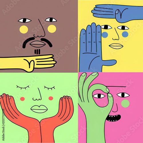 Abstract Minimalist Pop Art Illustration of Diverse Faces with Expressive Hand Gestures on