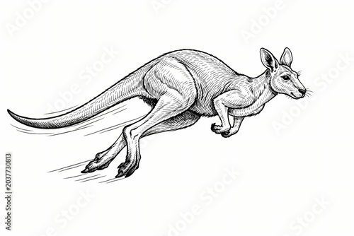 Dynamic kangaroo bounding at high speed drawn in a classic engraving style. This clean graphic is suitable for travel books, athletic brands, and posters.
