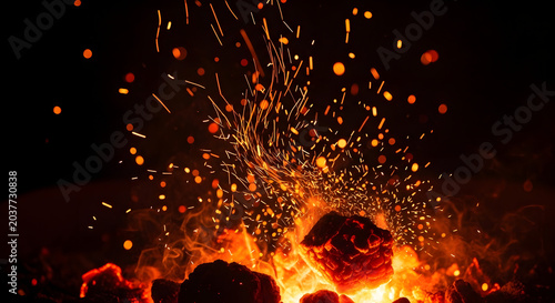 Burning embers and bright sparks rising from a glowing bonfire at night