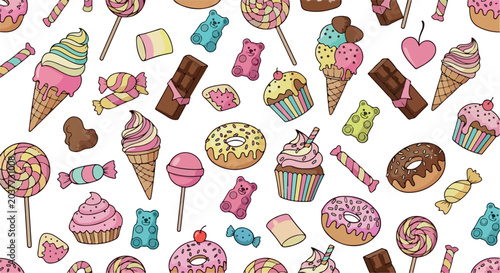 Cute Sweet Candyland Doodle Seamless Vector Pattern Design Illustration
