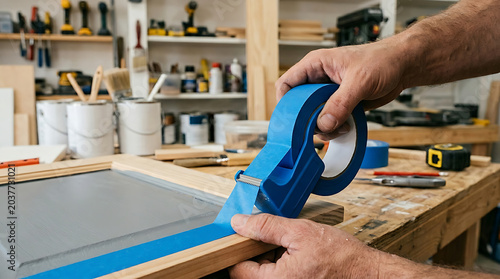 Hand holding blue painter's tape dispenser applying tape to wooden surface in workshop
