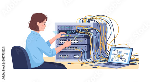 Woman technician working with network server equipment.