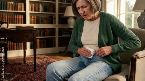 Senior person experience: urinary problem, bladder control, involuntary leakage, intimate concern, adult void, medical issue, sudden release, pelvic floor, health challenge, dignity impact.