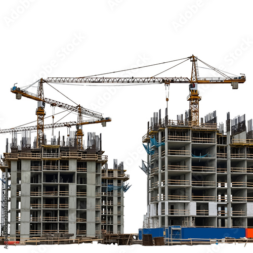 Fotografía Two tall construction cranes working on a large building project