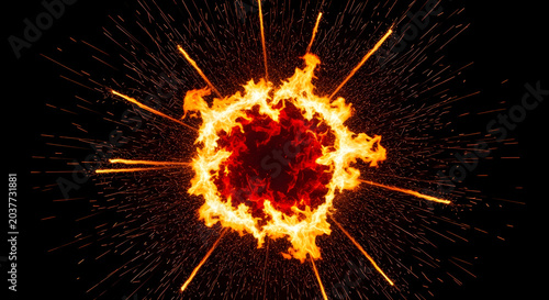 Fiery explosion with sparks and glowing embers on a black background