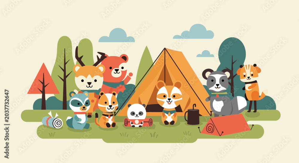 Fototapeta premium Cute Woodland Animals Camping Adventure - Childish Forest Scene with Tent and Wildlife
