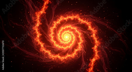 Fiery spiral of burning embers and flames against a dark background