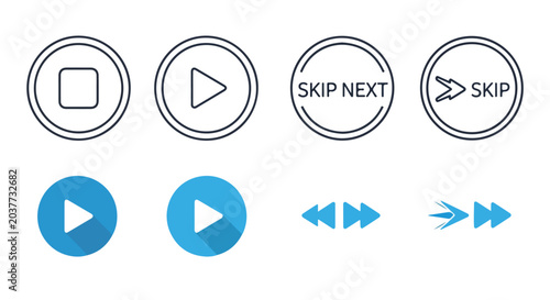 Collection of digital media control icons including play, pause, skip, and rewind buttons in blue and gray colors