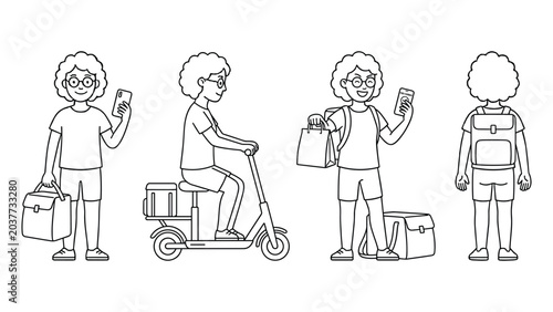Photos Food delivery person on electric scooter with bags and phone groceries package