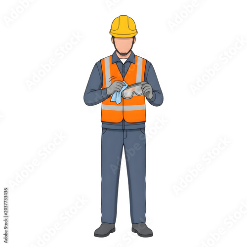 Worker Cleaning Fogged Safety Goggles, PPE Eye Protection Safety Vector Illustration