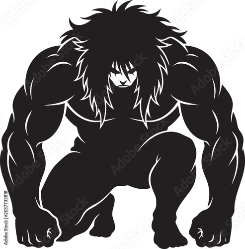 Tablou pe pânză Crouching monster man beast silhouette hairy wild savage warrior pose powerful c