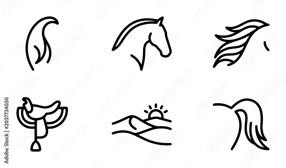 Fototapeta premium Minimalist Horse Icons, Equestrian Saddle, Desert Landscape, Vector Set for Branding and Design