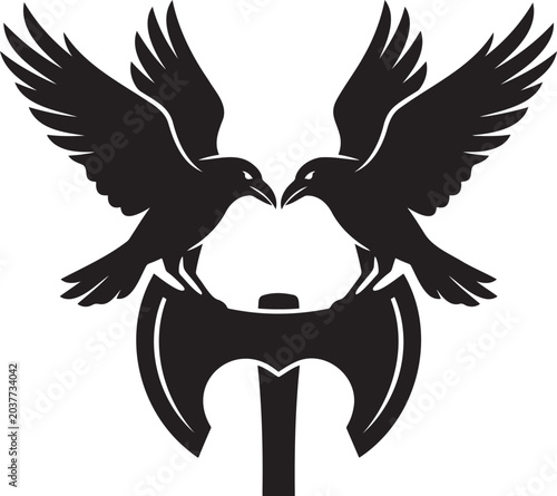 Schilderij op canvas Two ravens perched on viking double axe silhouette norse mythology odin crows we