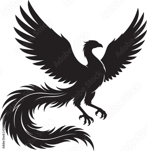Tableau sur toile Phoenix bird rising flying silhouette long beautiful tail feathers mystical fire