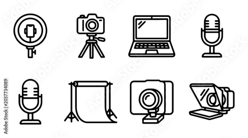 Foto Photography and Videography Icons: Camera, Microphone, Laptop, Ring Light, Studi