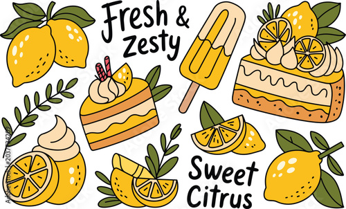 Citrus lemon dessert collection featuring cakes popsicle and fresh fruit slices on white bg