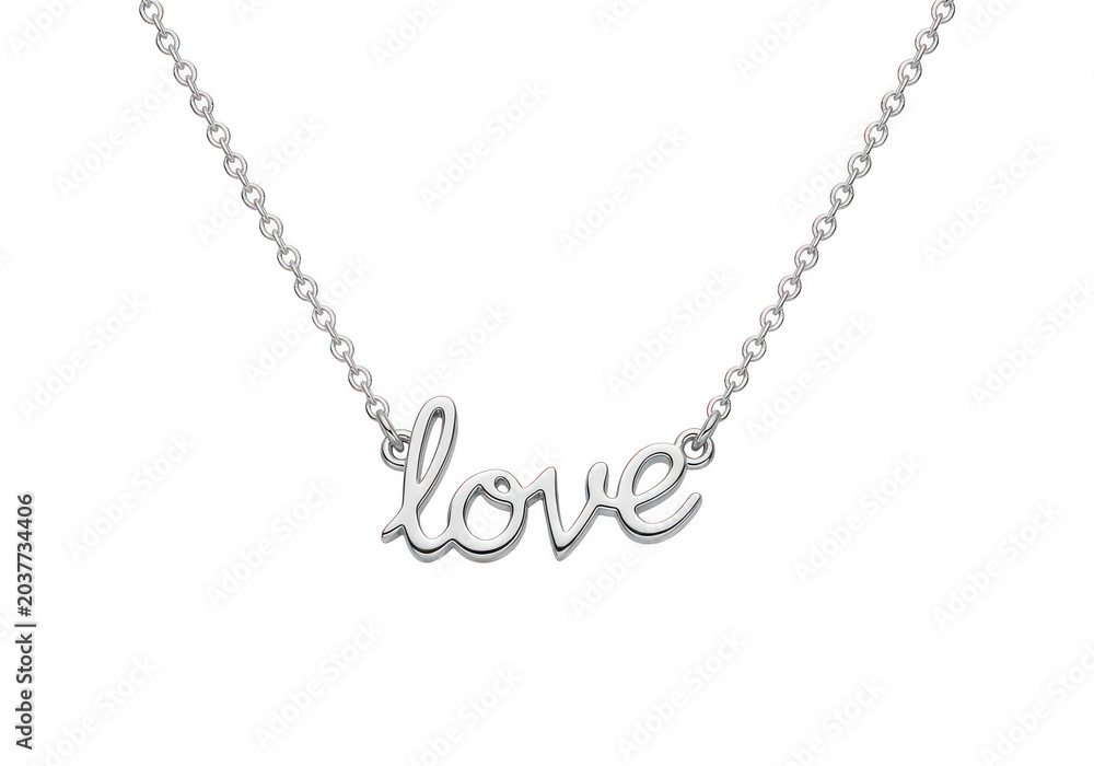 Fototapeta premium Delicate silver love pendant necklace with cursive script isolated on transparent background