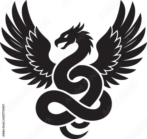 Flying dragon serpent black vector silhouette with curled body large open wings and sharp beak head isolated on white background for mythical beast fantasy reptile tattoo logo emblem design