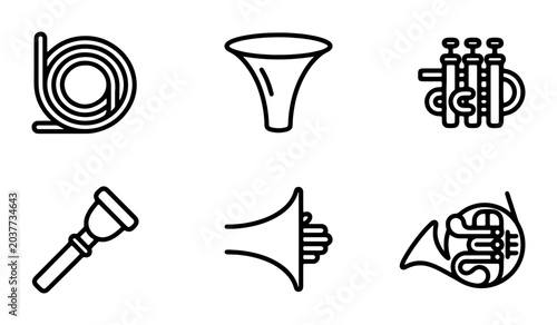 Bild auf Leinwand Vector Icons of Brass Musical Instruments: Trumpet, French Horn, Tuba, Trombone,