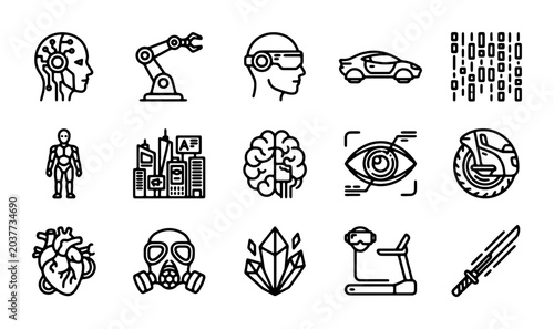Bild auf Leinwand Futuristic Technology Icons Set: AI, Robotics, VR, Future City, Brain, Cyberneti