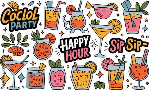 Set of colorful cocktail party elements and drinks in various glass types