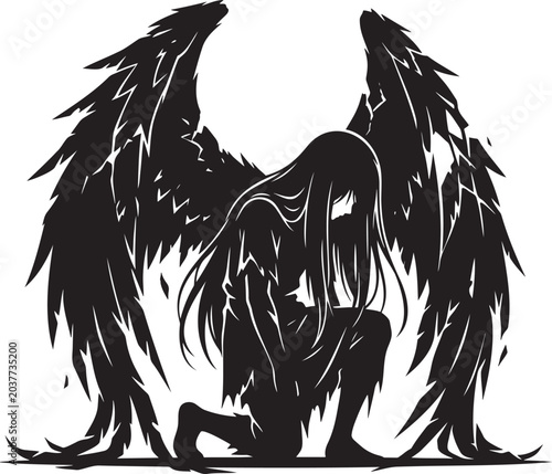 Foto Kneeling fallen angel black vector silhouette with large feathered wings and lon