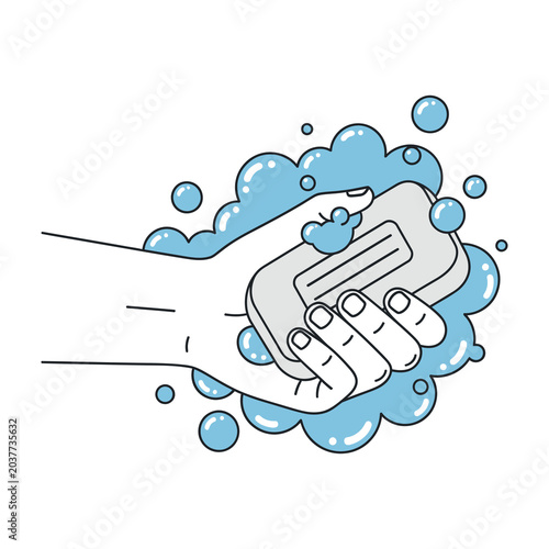hand holding soap bar with blue bubbles