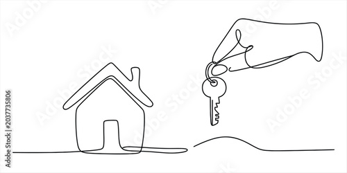 Fotografía Continuous line drawing of a human hand holding a house key next to a small home