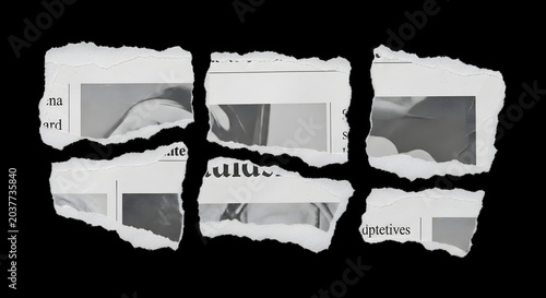 Torn paper pieces on black background with glimpses of text and images abstract collage