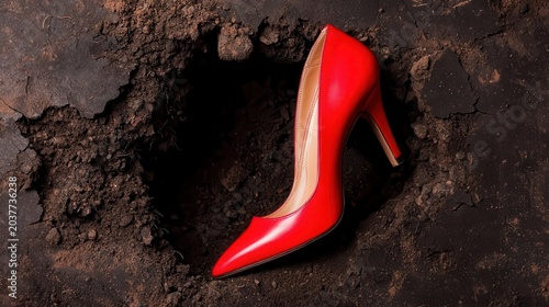 Designer high heels stepping into financial sinkhole, metaphor for elite instability