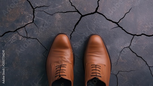High fashion shoes stepping into a cracked stock floor, symbol of decline in upscale markets