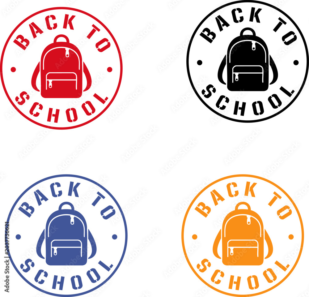 Fototapeta premium Back to school colorful backpack circle logo set