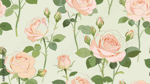 Quadro su tela A delicate and charming seamless pattern featuring soft peach and blush pink roses with green leaves on a pale cream background