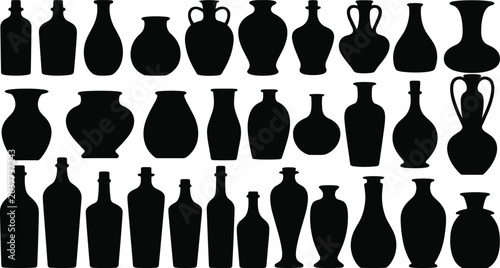 Tableau sur toile Ancient pottery and ceramic vase silhouette icon collection isolated on light ba