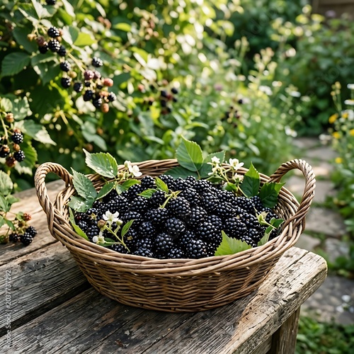 Freshly picked blackberries in a woven basket outdoors.