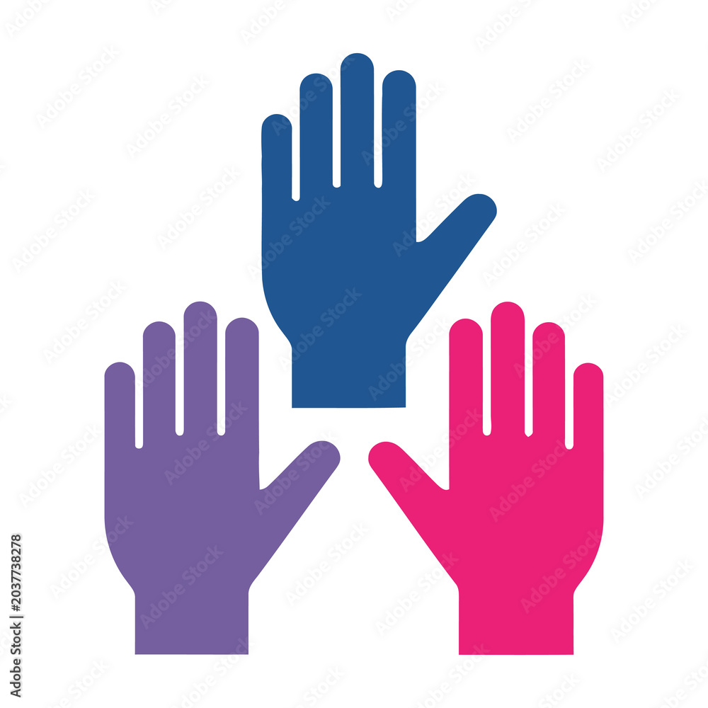Fototapeta premium Three colorful hands raised up in solidarity