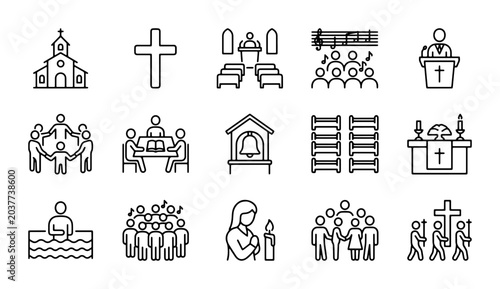 Tableau sur toile Christianity Icons Set: Church, Cross, Worship, Baptism, Choir, Prayer, Ministry
